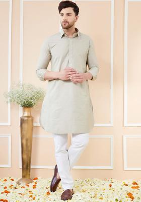 Cream Solid Cotton Kurta Set For Men