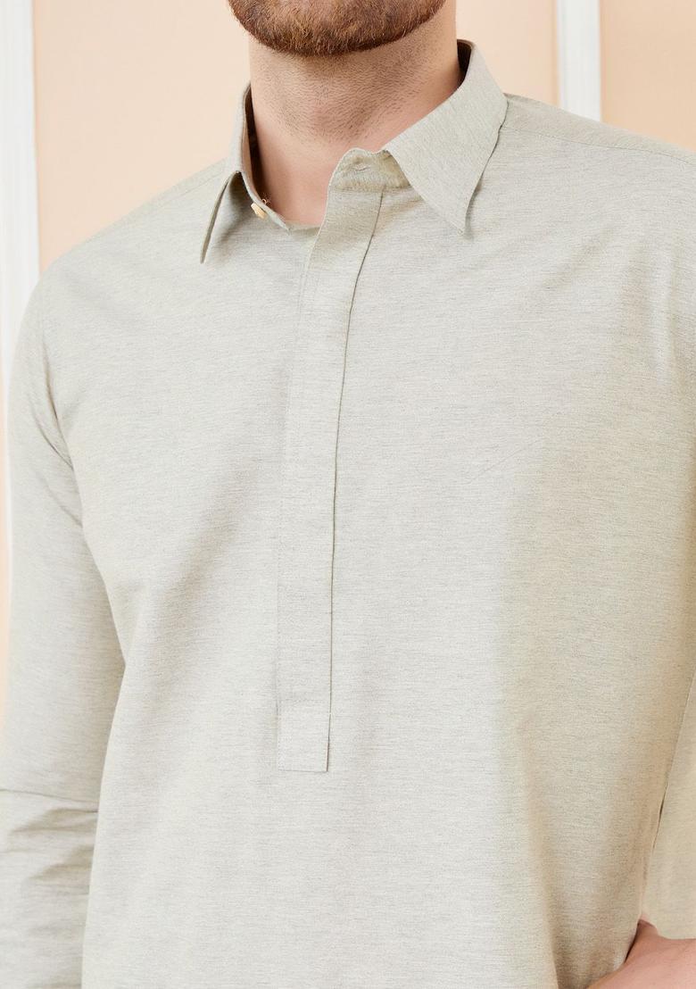 Cream Solid Cotton Kurta Set For Men - Indya
