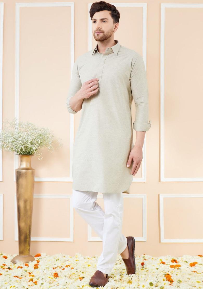 Cream Solid Cotton Kurta Set For Men - Indya