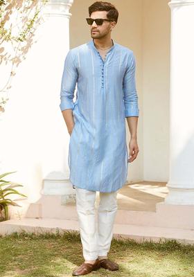 Turquoise Blue Woven Design Cotton Kurta Set For Men