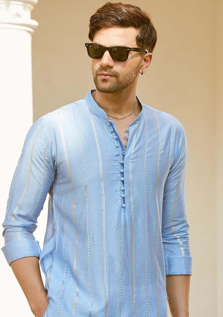 Turquoise Blue Woven Design Cotton Kurta Set For Men - Indya
