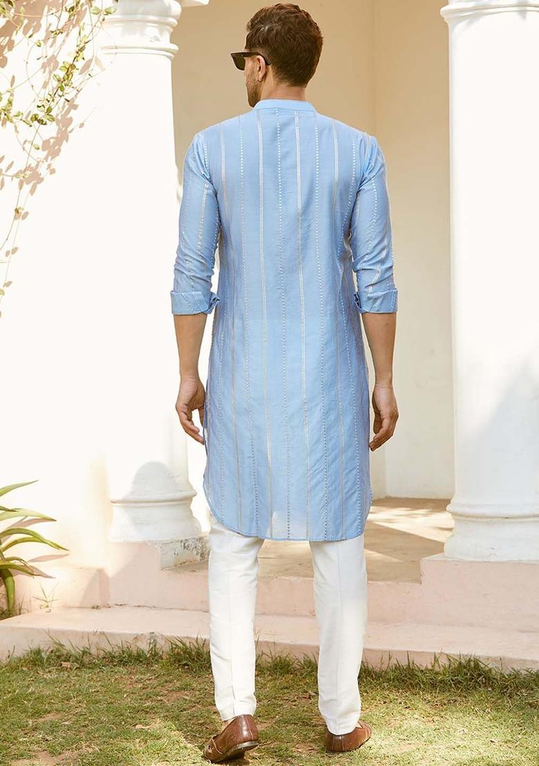 Turquoise Blue Woven Design Cotton Kurta Set For Men - Indya