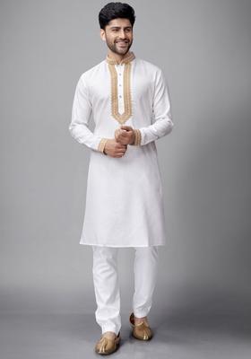 White Embroidered Silk Kurta Set For Men