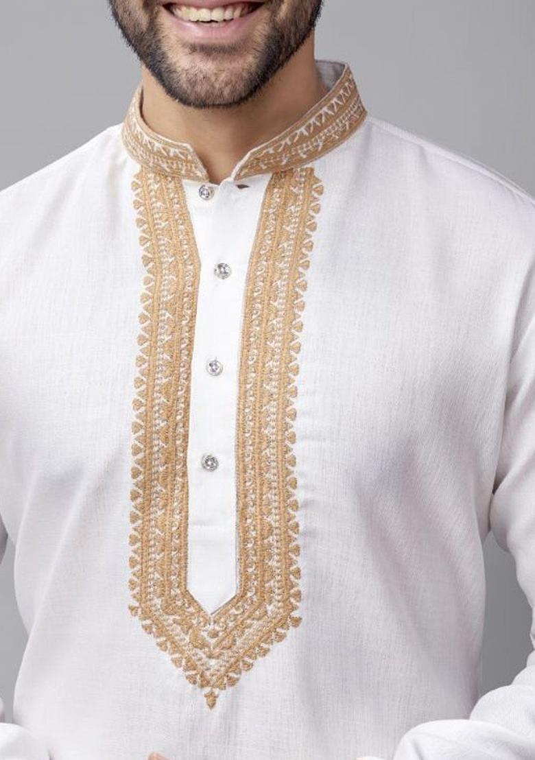White Embroidered Silk Kurta Set For Men - Indya