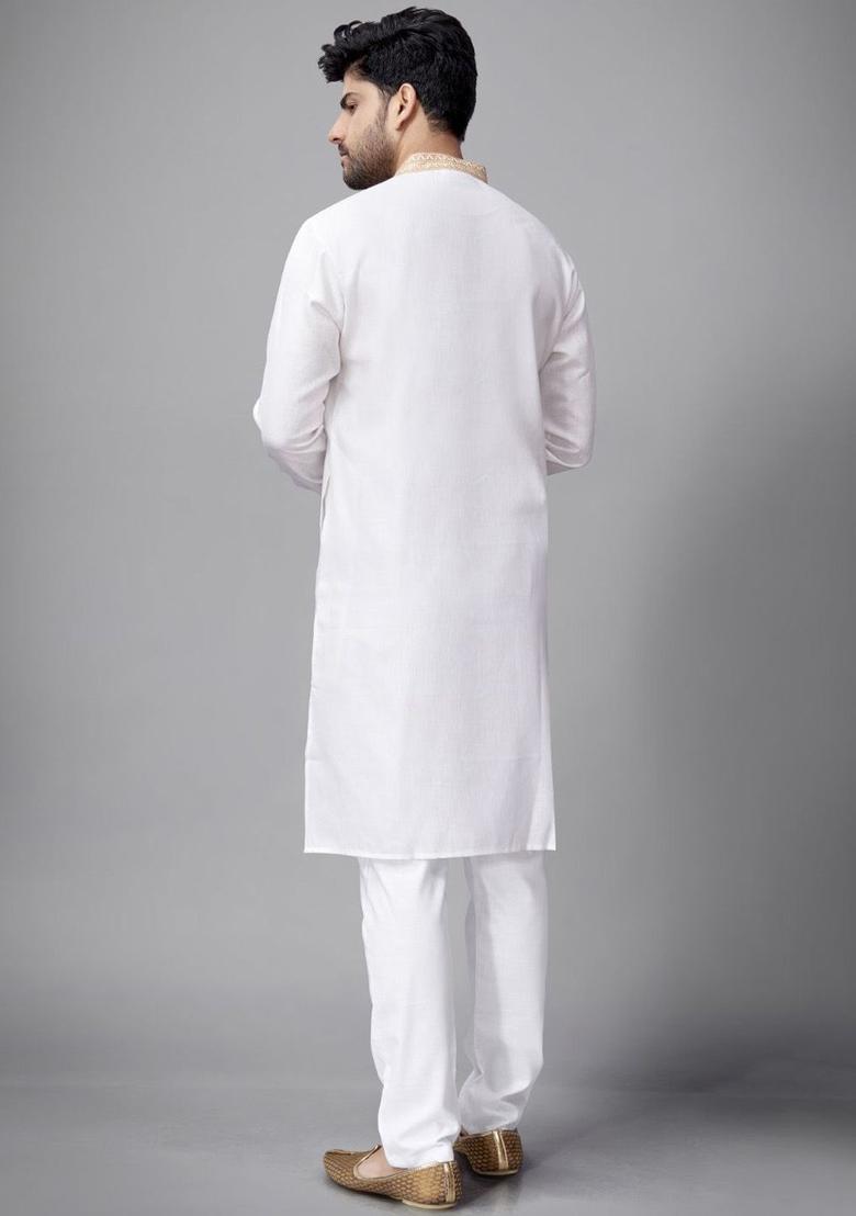 White Embroidered Silk Kurta Set For Men - Indya