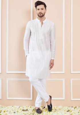 Off White Embroidered Silk Kurta Set For Men