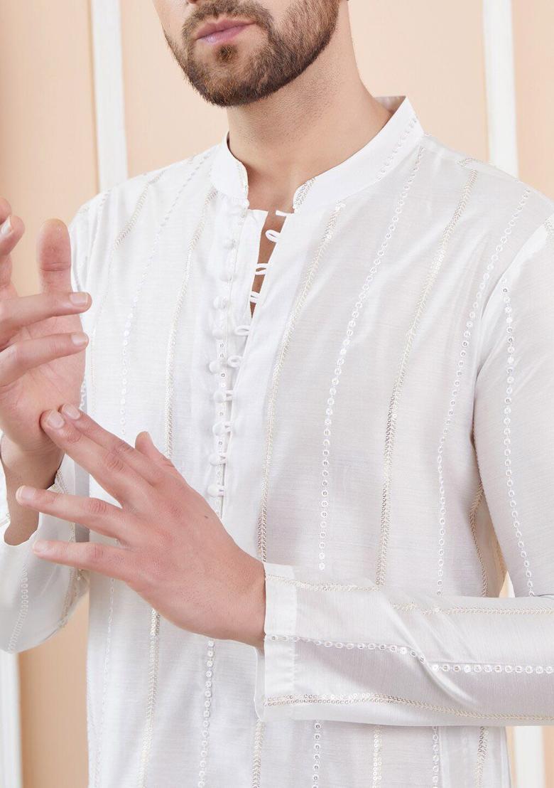 Off White Embroidered Silk Kurta Set For Men - Indya