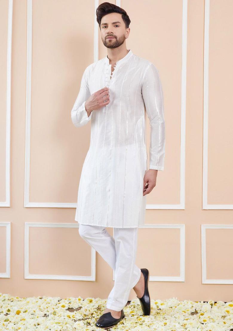 Off White Embroidered Silk Kurta Set For Men - Indya