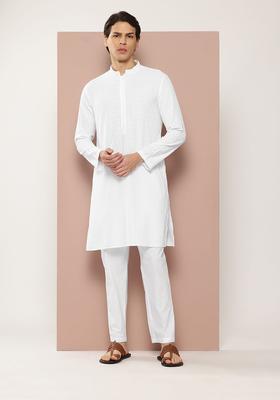 White Embroidered Viscose Kurta Set For Men
