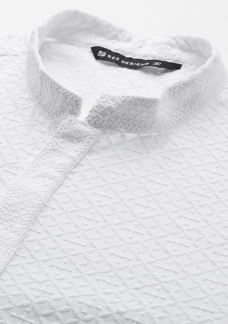 White Embroidered Viscose Kurta Set For Men - Indya