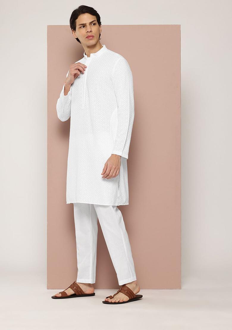 White Embroidered Viscose Kurta Set For Men - Indya