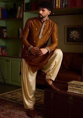 Brown Embroidered Silk Kurta Set For Men