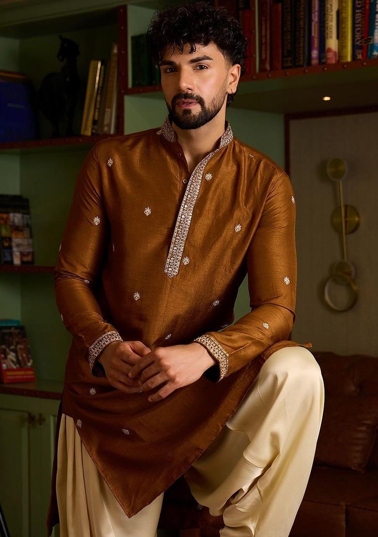 Brown Embroidered Silk Kurta Set For Men - Indya
