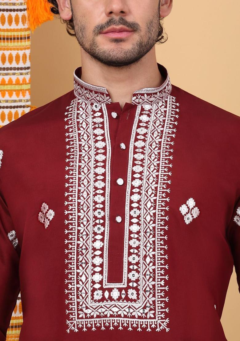 Maroon Embroidered Silk Kurta Set For Men - Indya