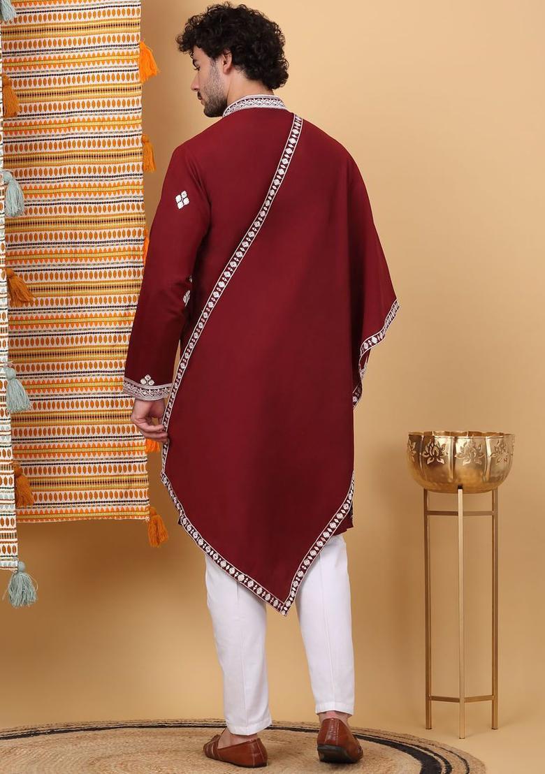 Maroon Embroidered Silk Kurta Set For Men - Indya