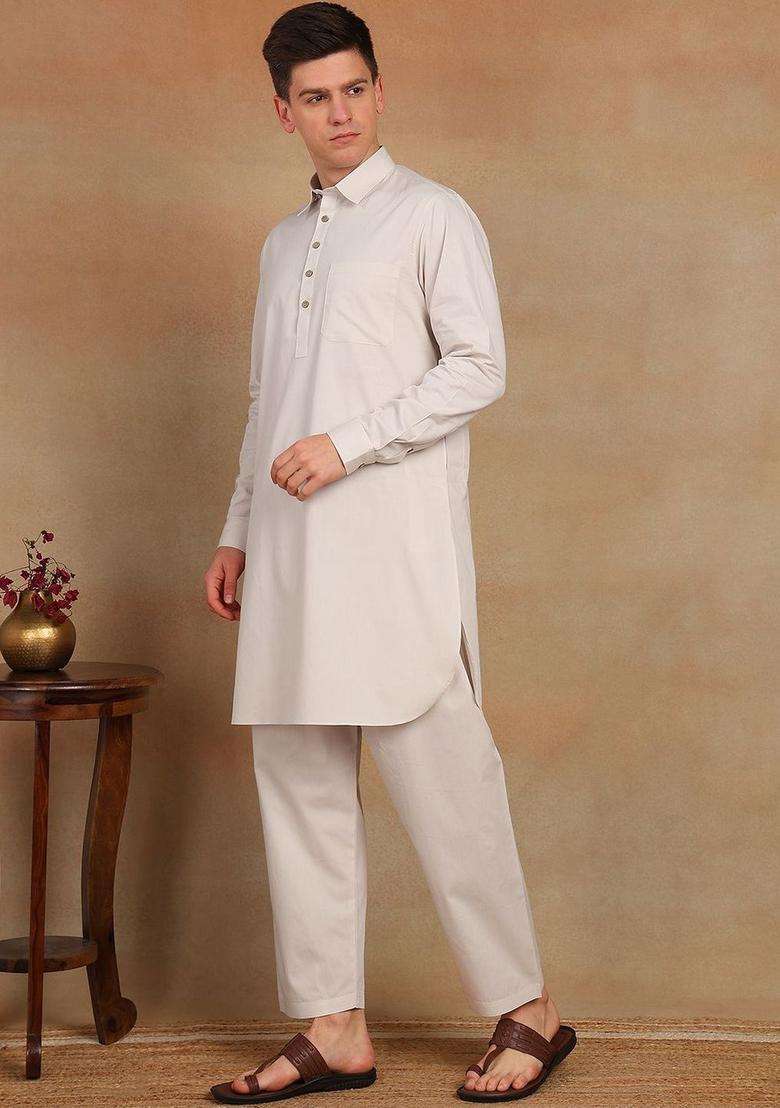 Off White Solid Cotton Kurta Set For Men - Indya