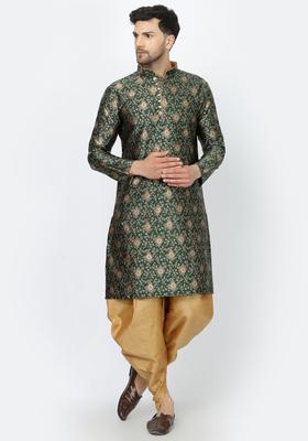 Green Self Design Silk Kurta Set For Men