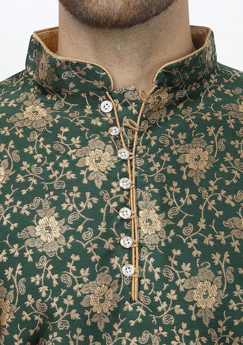 Green Self Design Silk Kurta Set For Men - Indya