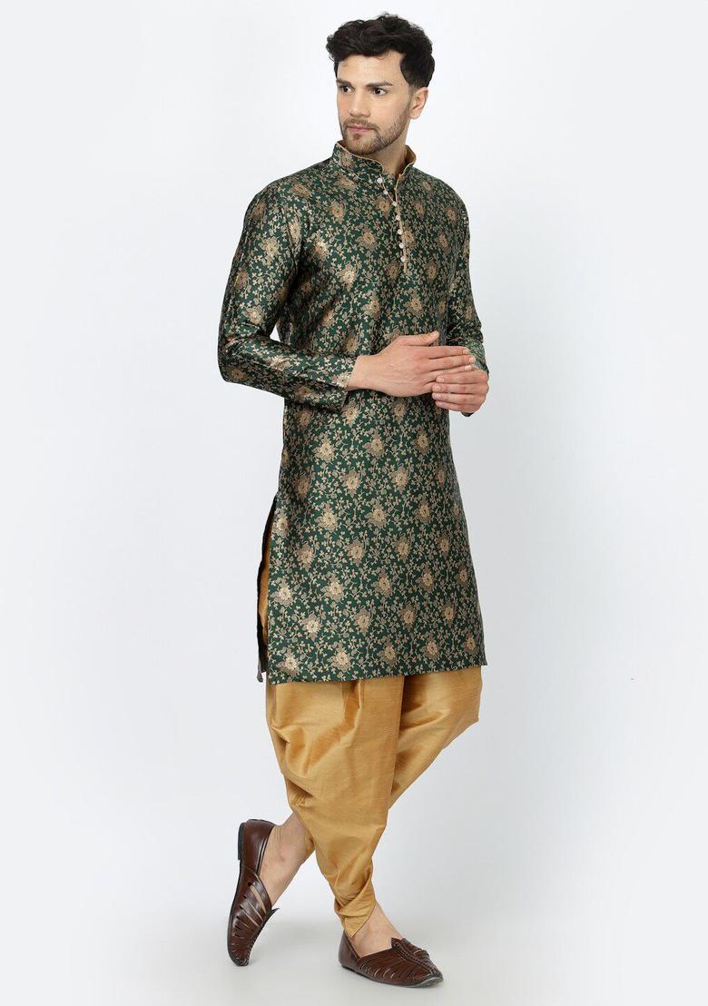 Green Self Design Silk Kurta Set For Men - Indya