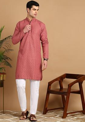 Pink Embroidered Cotton Kurta Set For Men