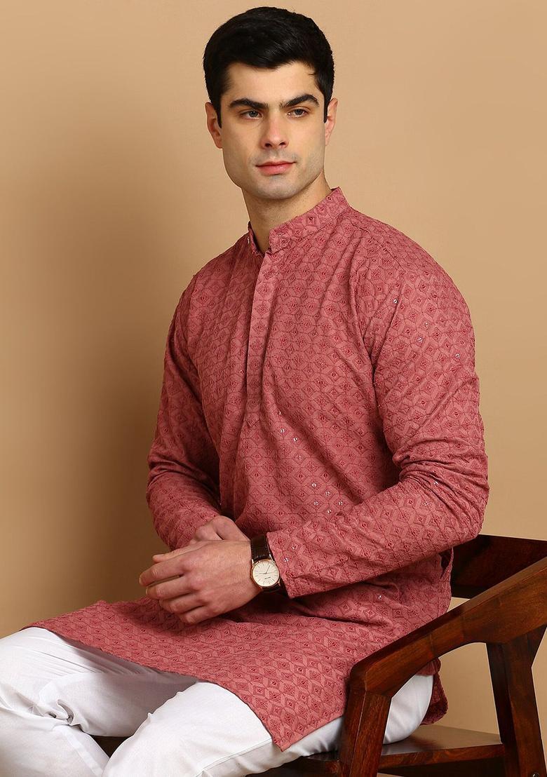 Pink Embroidered Cotton Kurta Set For Men - Indya