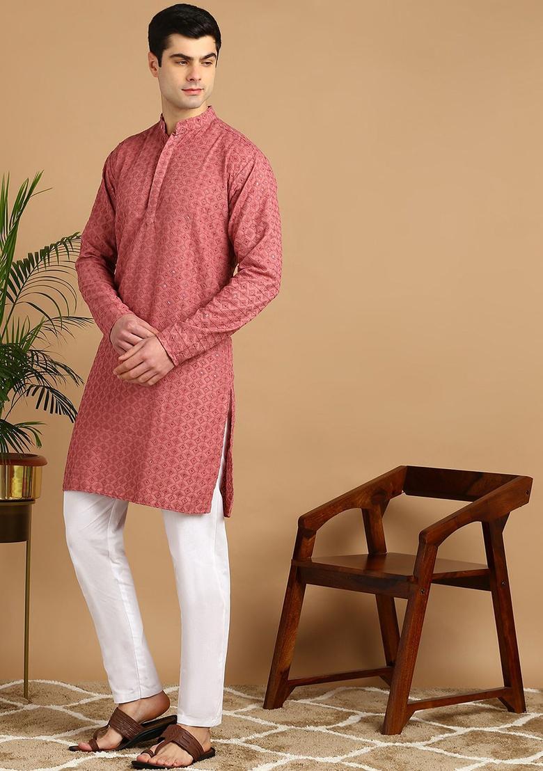 Pink Embroidered Cotton Kurta Set For Men - Indya