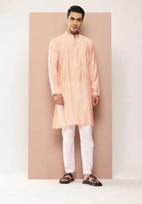 Peach Embroidered Silk Kurta Set For Men