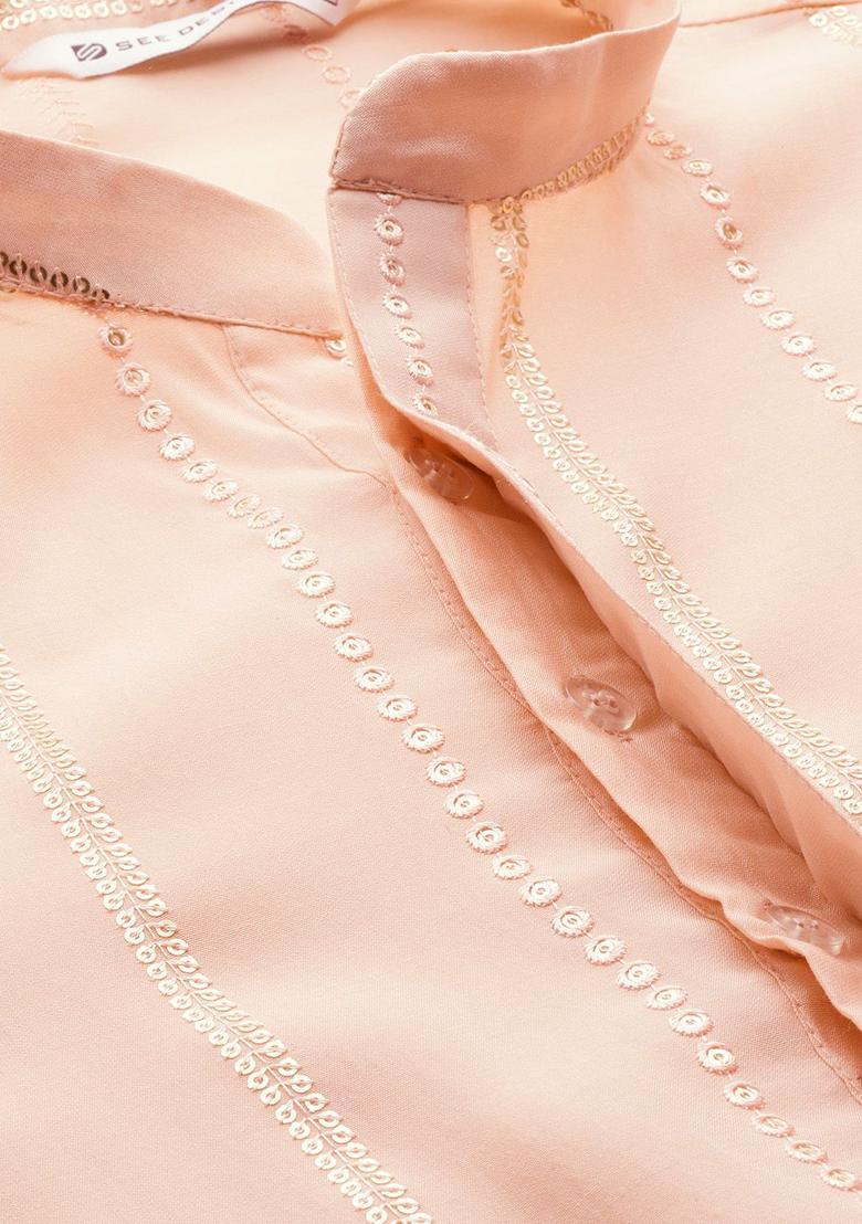 Peach Embroidered Silk Kurta Set For Men - Indya