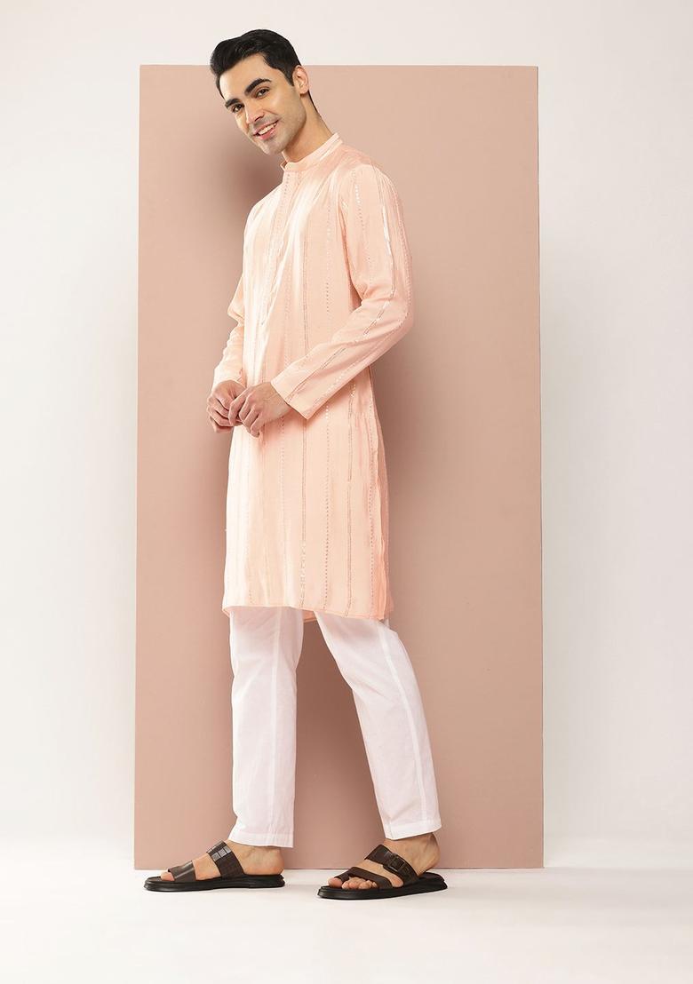 Peach Embroidered Silk Kurta Set For Men - Indya