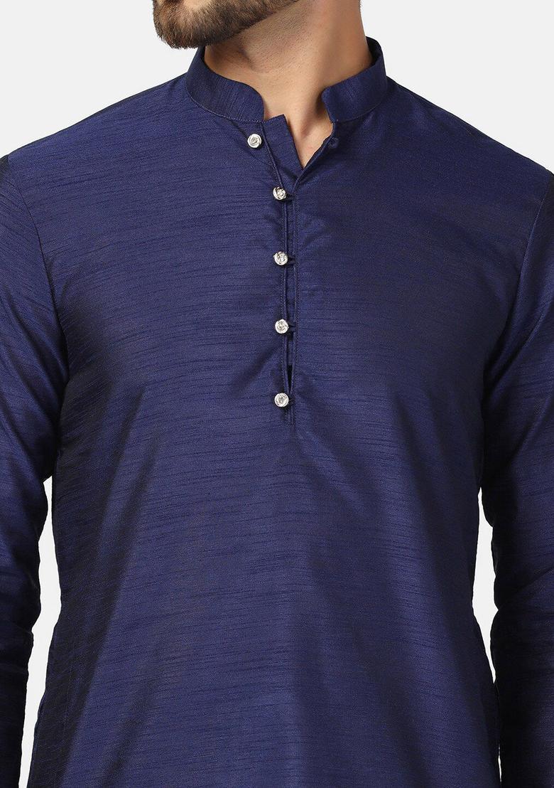 Navy Blue Solid Silk Kurta Set For Men - Indya