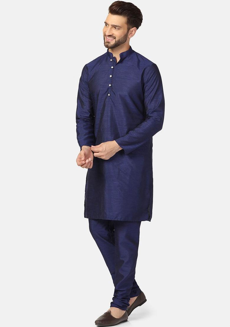 Navy Blue Solid Silk Kurta Set For Men - Indya