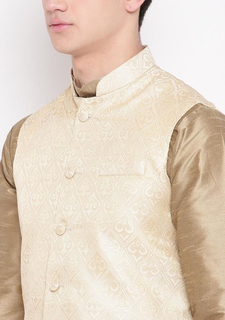 Gold Dyed Silk Kurta Set For Men - Indya