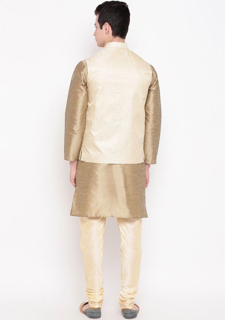 Gold Dyed Silk Kurta Set For Men - Indya