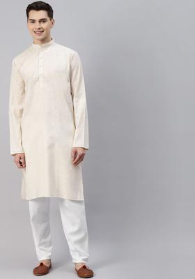 Cream Solid Cotton Kurta Set For Men