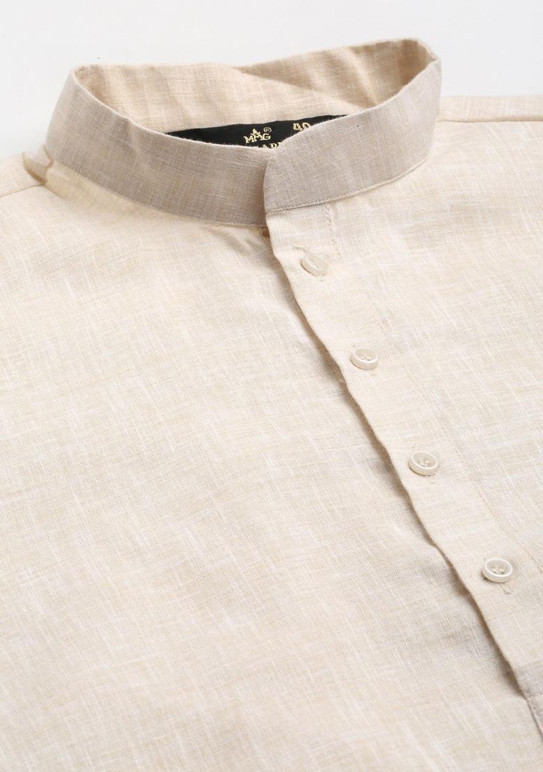 Cream Solid Cotton Kurta Set For Men - Indya