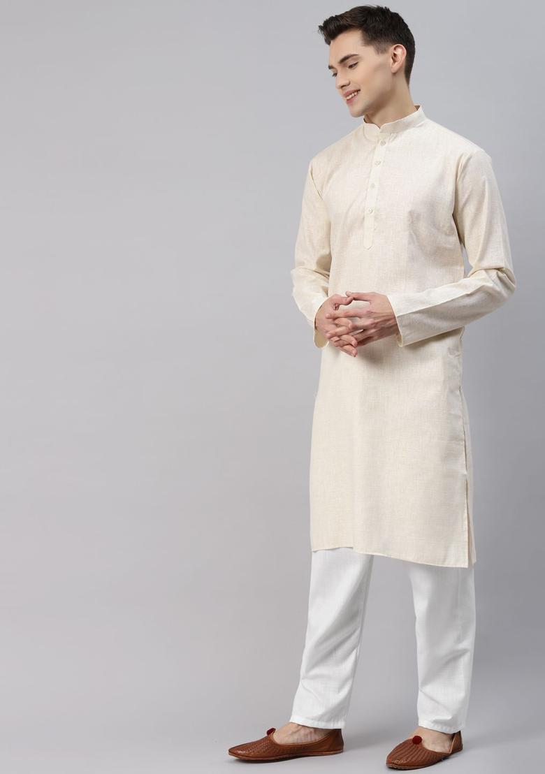 Cream Solid Cotton Kurta Set For Men - Indya