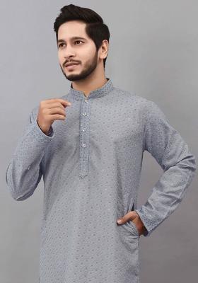 Grey Embroidered Cotton Kurta Set For Men