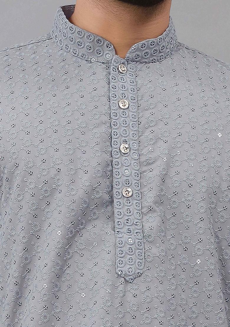 Grey Embroidered Cotton Kurta Set For Men - Indya