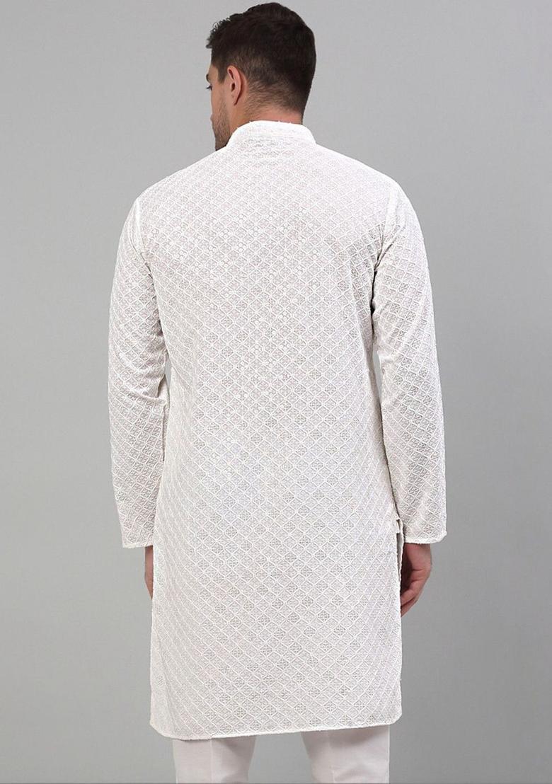 Off White Embroidered Viscose Kurta Set For Men - Indya