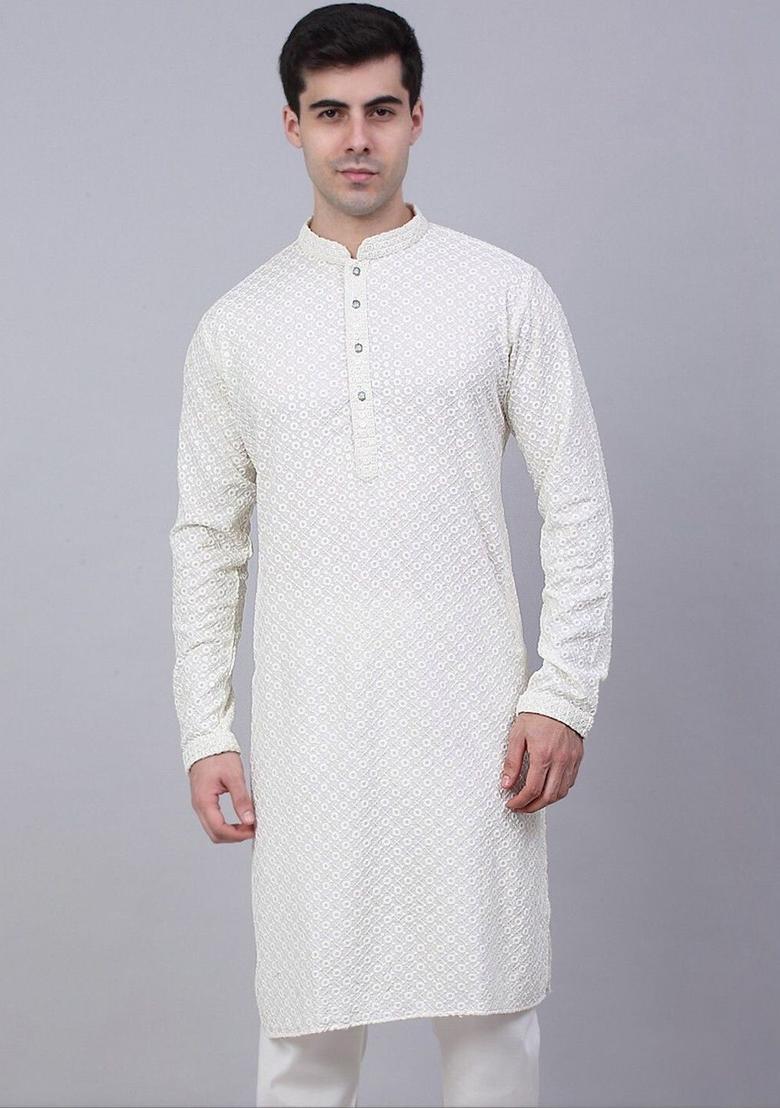 Off White Embroidered Viscose Kurta Set For Men - Indya