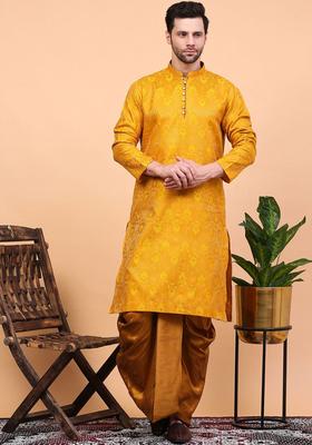 Yellow Woven Design Cotton Kurta Set For Men