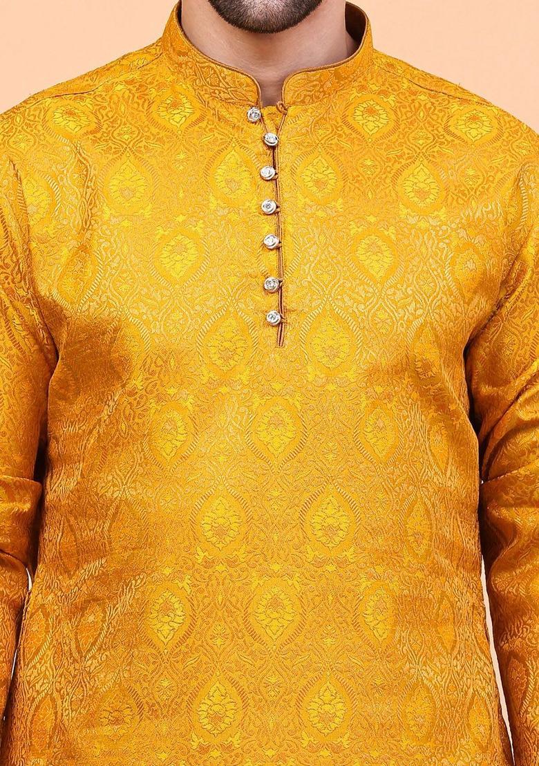 Yellow Woven Design Cotton Kurta Set For Men - Indya