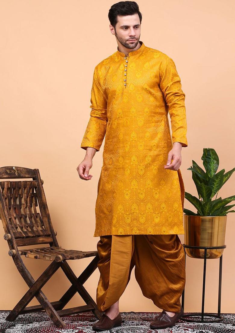Yellow Woven Design Cotton Kurta Set For Men - Indya