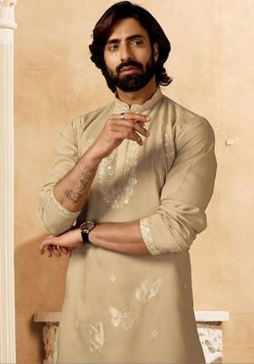Beige Embroidered Cotton Kurta Set For Men
