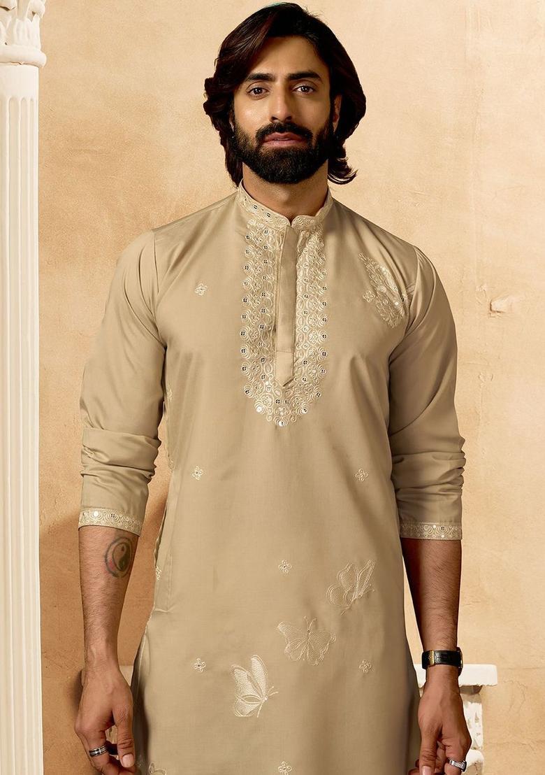 Beige Embroidered Cotton Kurta Set For Men - Indya
