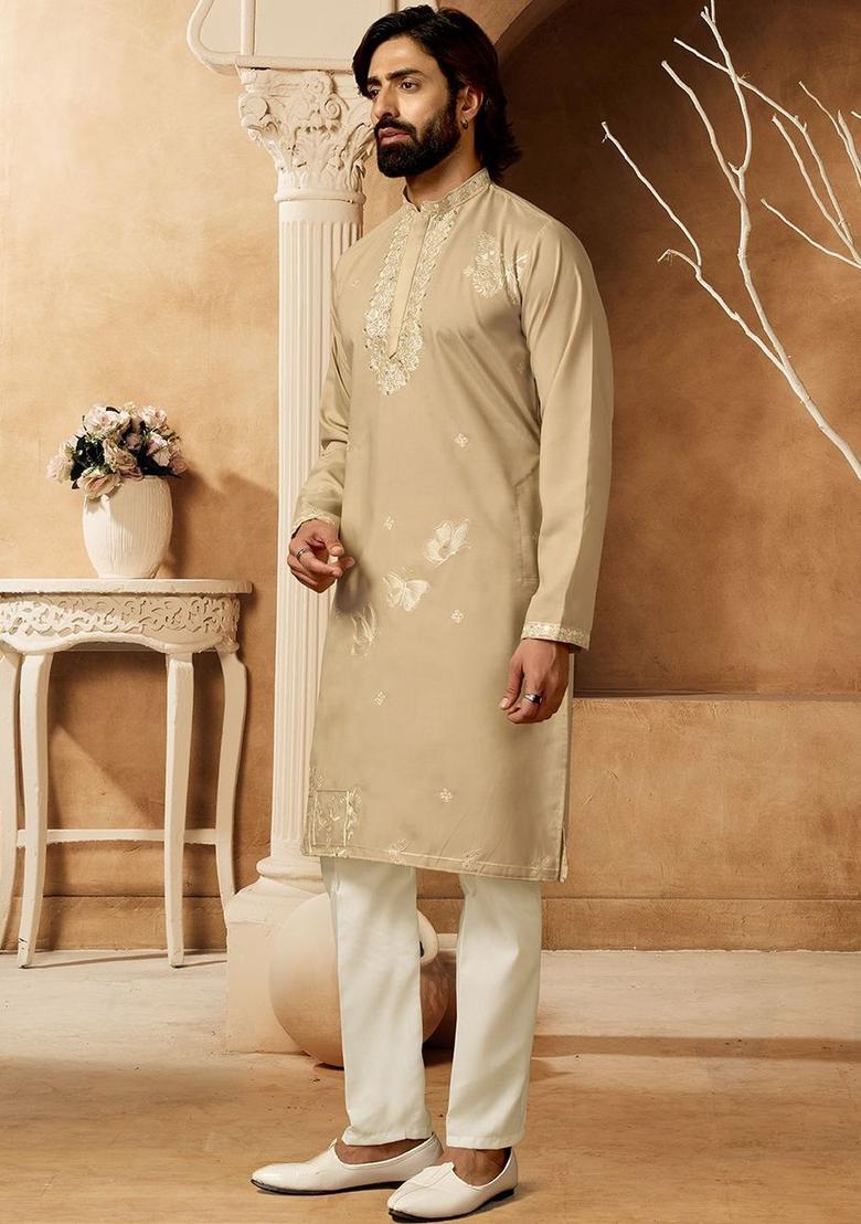 Beige Embroidered Cotton Kurta Set For Men - Indya