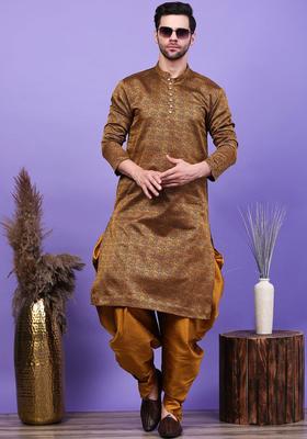 Black Woven Design Cotton Kurta Set For Men
