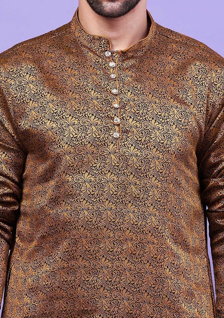 Black Woven Design Cotton Kurta Set For Men - Indya