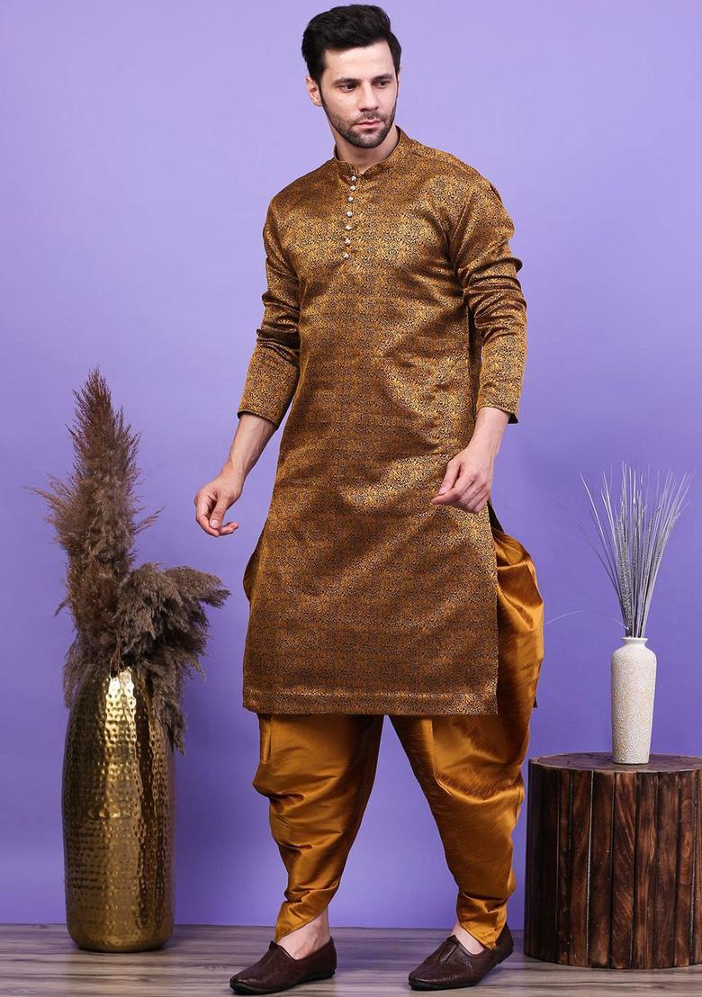 Black Woven Design Cotton Kurta Set For Men - Indya