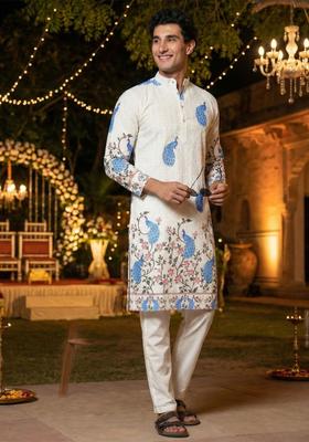 Off White Embroidered Cotton Kurta Set For Men